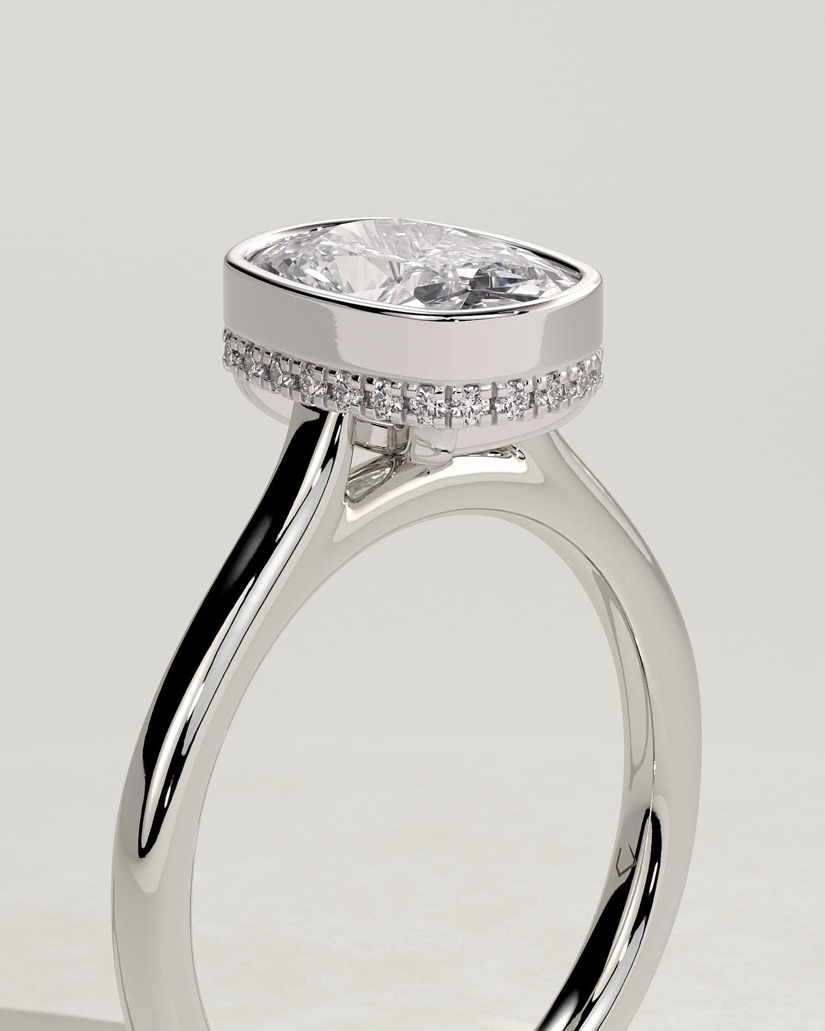 Everleigh - Elongated Cushion Bezel Solitaire with Hidden Halo and Cathedral High Setting Engagement Ring - White Gold