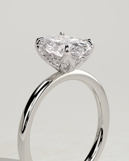 Ivy - Oval Claw Solitaire with Petal Gallery and Accented Tiara Detail Engagement Ring - Platinum