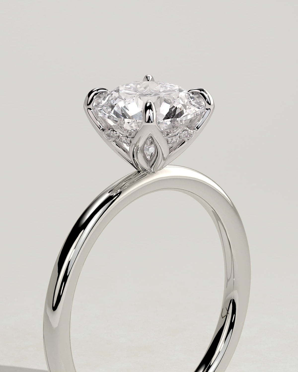 Dahlia - Round Claw Solitaire with Petal Gallery and Accented Tiara Detail Engagement Ring - Platinum
