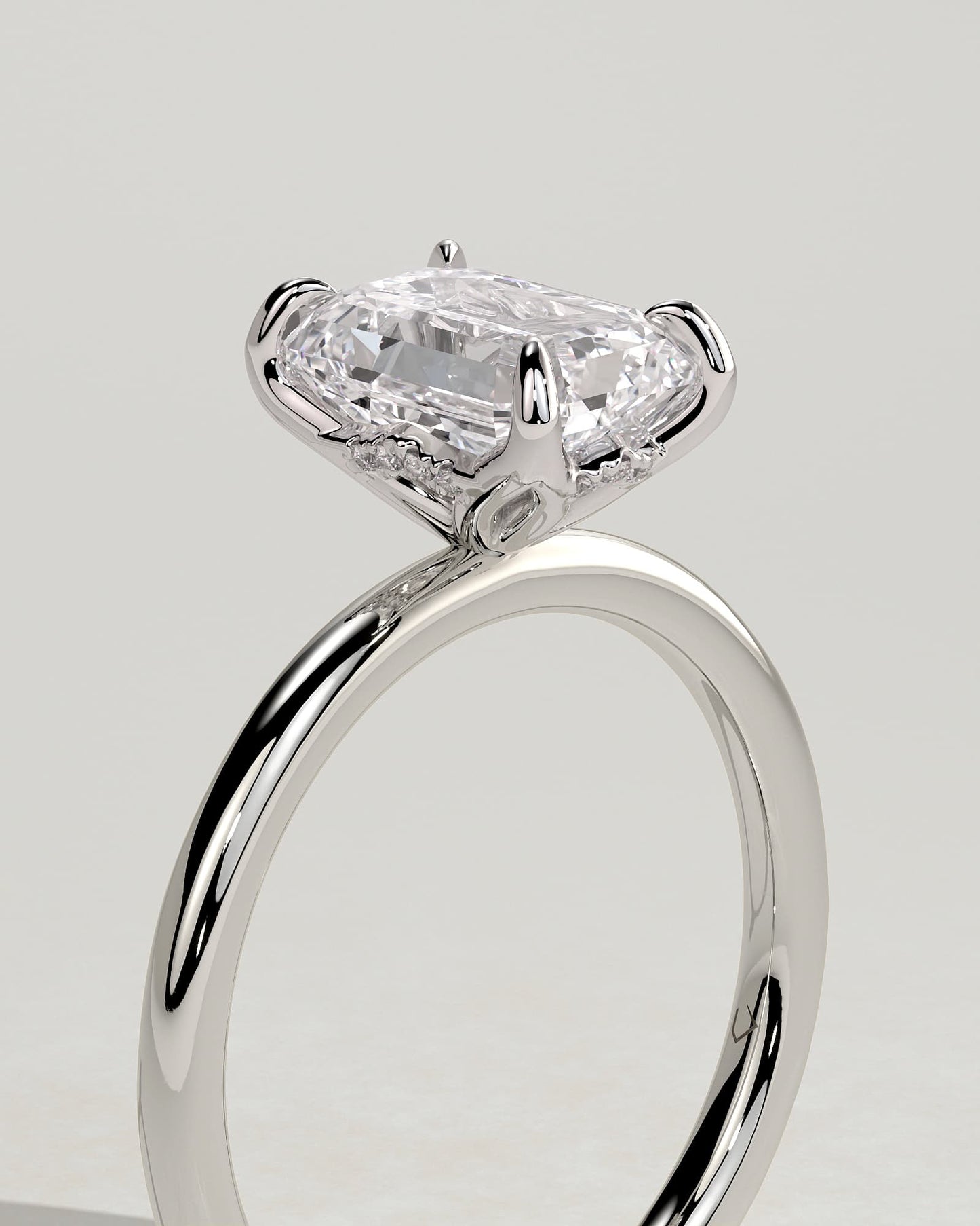 Freesia - Emerald Claw Solitaire with Petal Gallery and Accented Tiara Detail Engagement Ring - White Gold