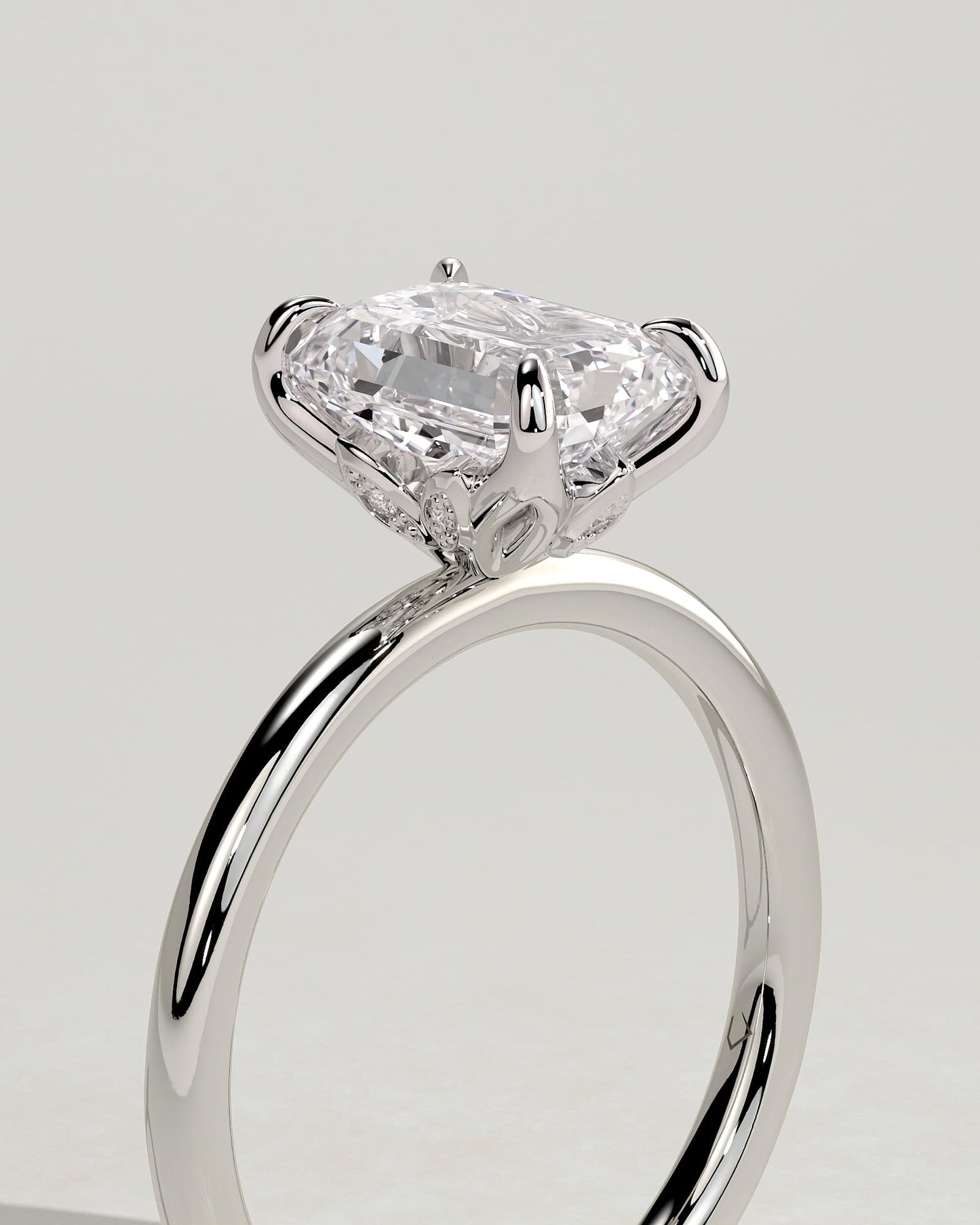 Dove - Emerald Claw Solitaire with Petal Gallery and Accent Leaf Detail Engagement Ring - White Gold