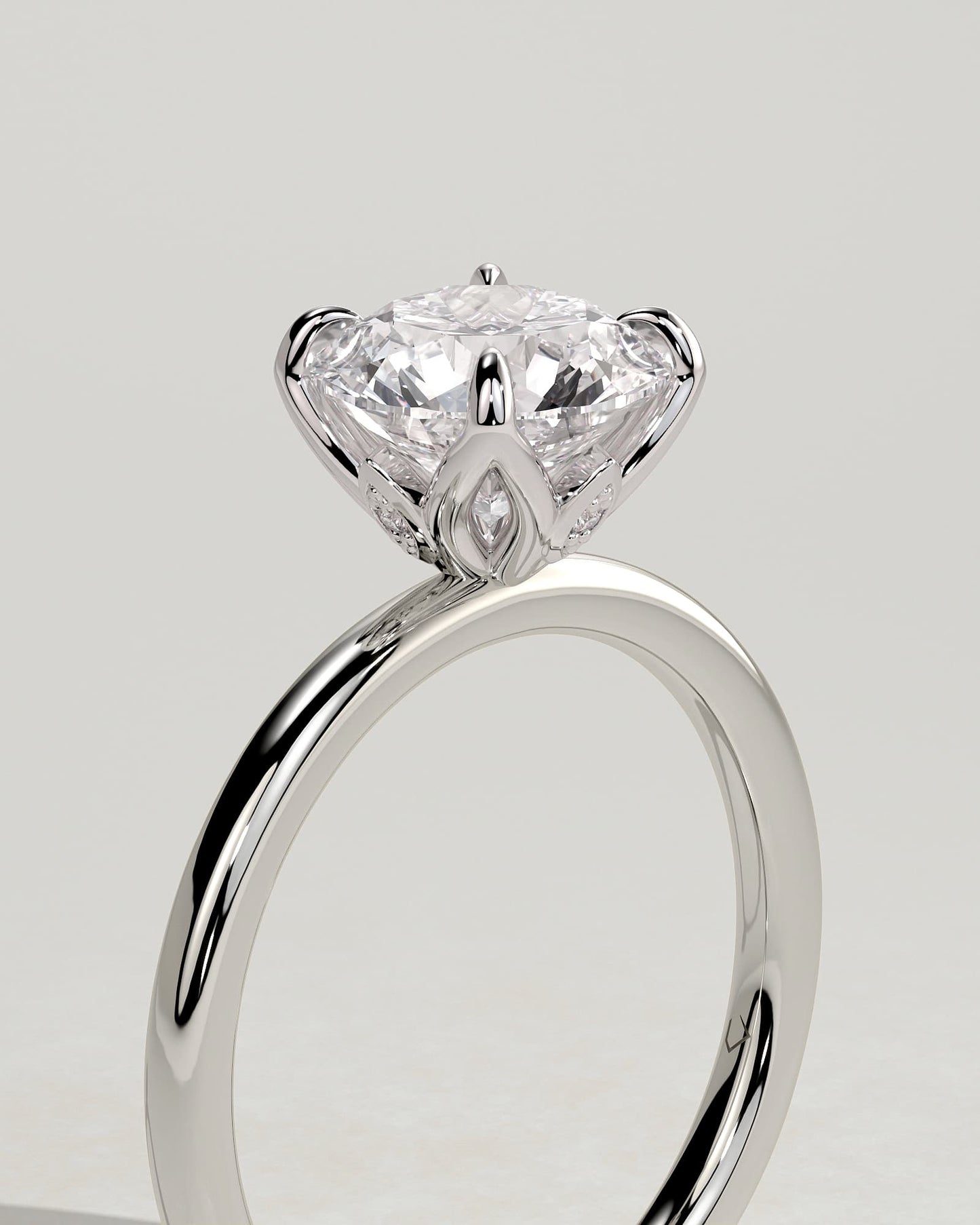 Joy - Round Claw Solitaire with Petal Gallery and Accent Leaf Detail Engagement Ring - White Gold