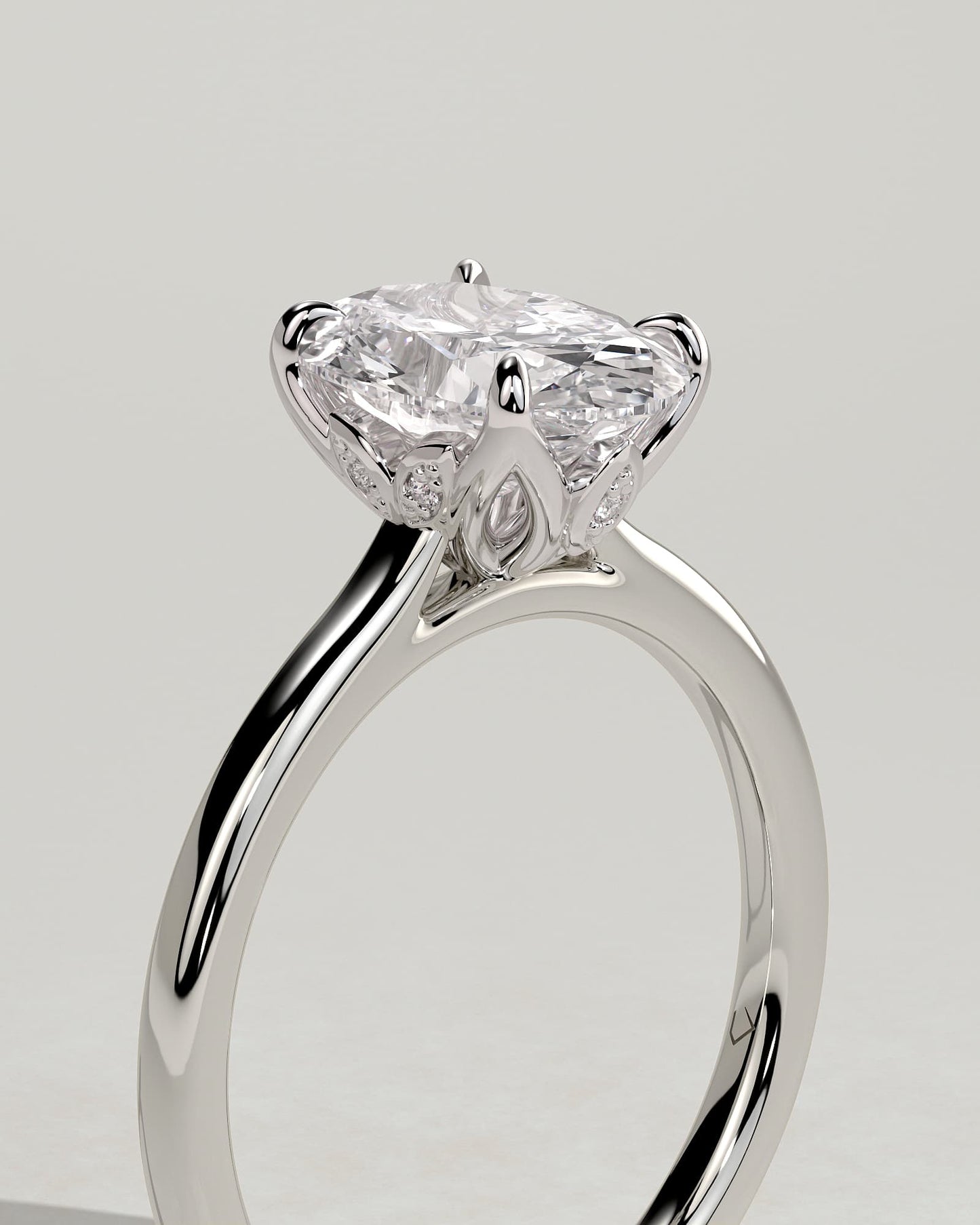 Erica - Oval Claw Solitaire with Petal Gallery, Accent Leaf Detail and Cathedral Setting Engagement Ring - White Gold