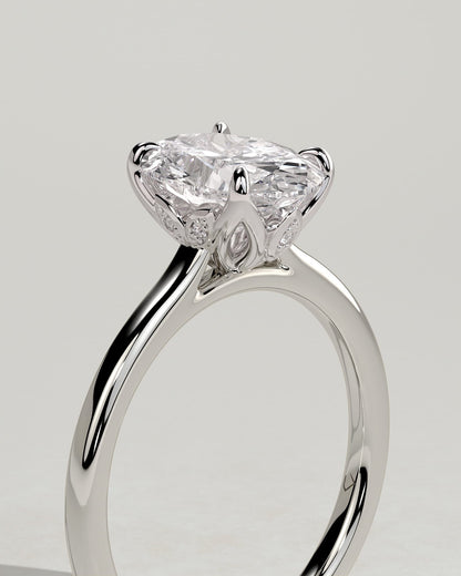 Erica - Oval Claw Solitaire with Petal Gallery, Accent Leaf Detail and Cathedral Setting Engagement Ring - White Gold
