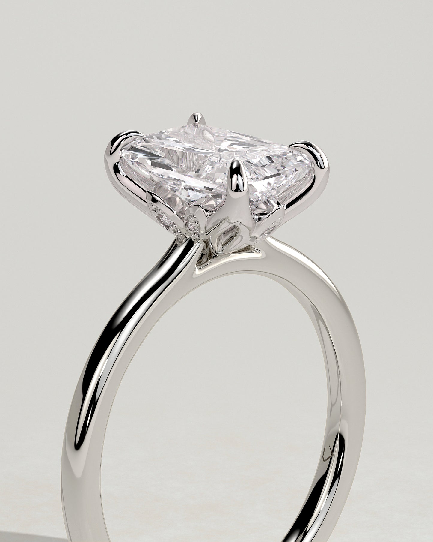 Harriet - Radiant Claw Solitaire with Petal Gallery, Accent Leaf Detail and Cathedral Setting Engagement Ring - Platinum - White Gold / Platinum 2ct