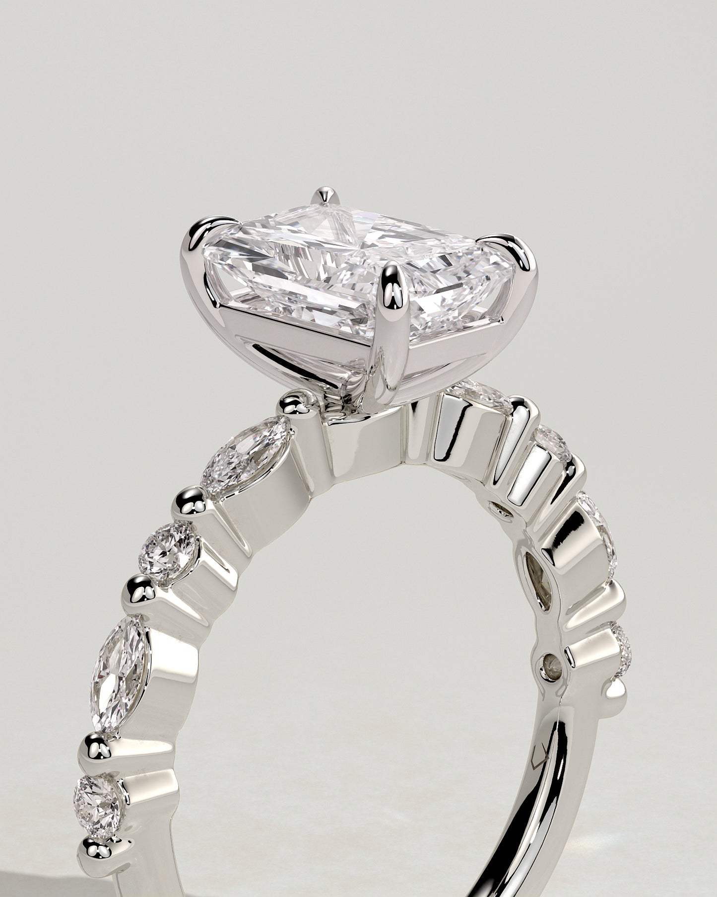 Dayna - Radiant Claw Solitaire with Marquise and Round Accent Stones Engagement Ring - Platinum - White Gold / Platinum 2ct