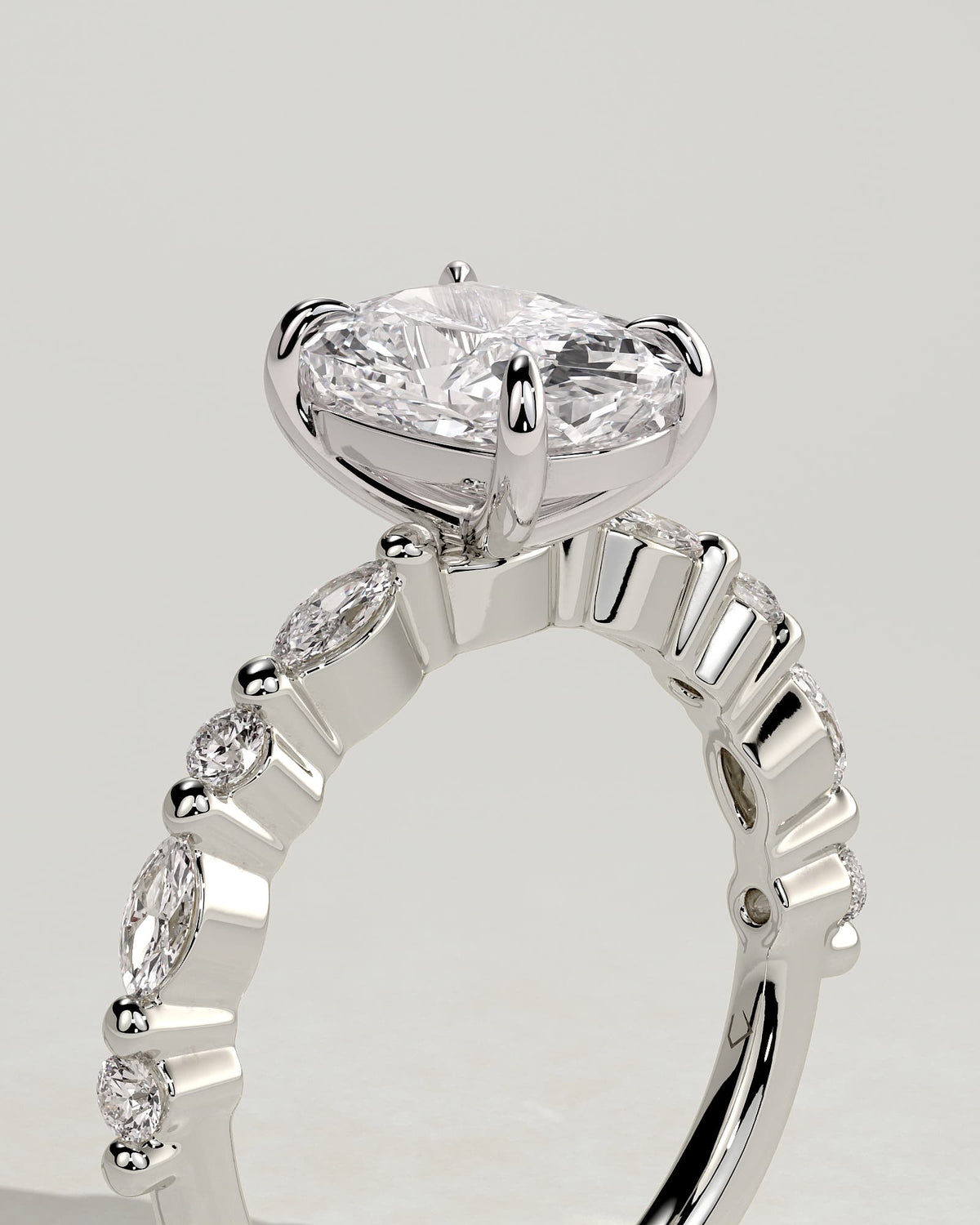 Delphine - Elongated Cushion Claw Solitaire with Marquise and Round Accent Stones Engagement Ring - White Gold