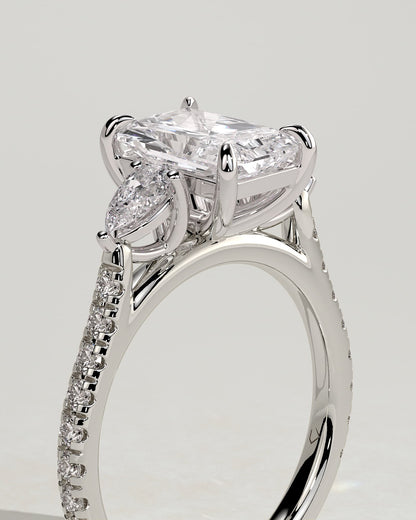 Ginny - Radiant Claw Trilogy with Pear Side Stones and Pave Band Engagement Ring - Platinum
