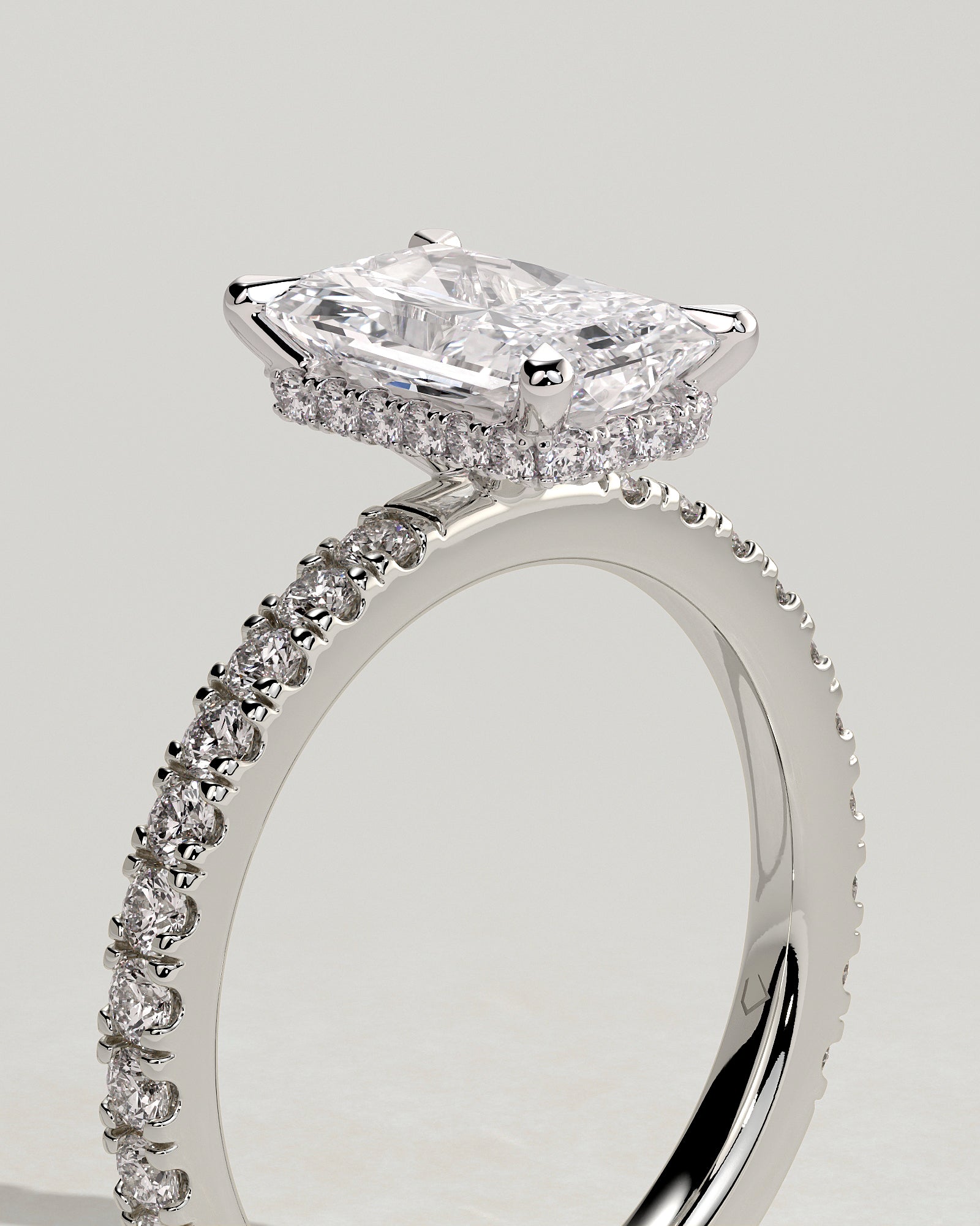 Ellie - Radiant Claw Solitaire with Wrap Around Hidden Halo and Pave Band Engagement Ring - Platinum - White Gold / Platinum 2ct