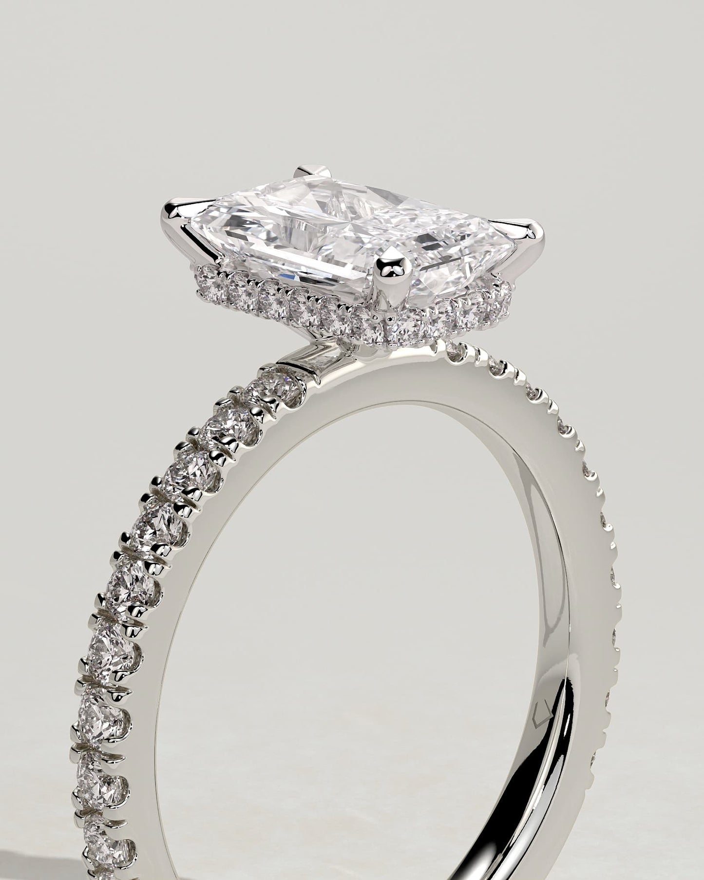 Ellie - Radiant Claw Solitaire with Wrap Around Hidden Halo and Pave Band Engagement Ring - White Gold