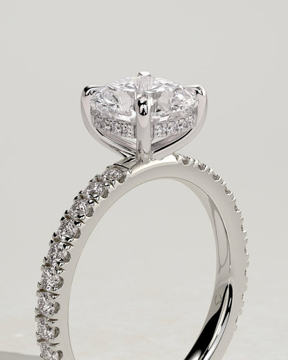 Claudia - Cushion Claw Solitaire with Hidden Halo and Pave Band Engagement Ring - Platinum