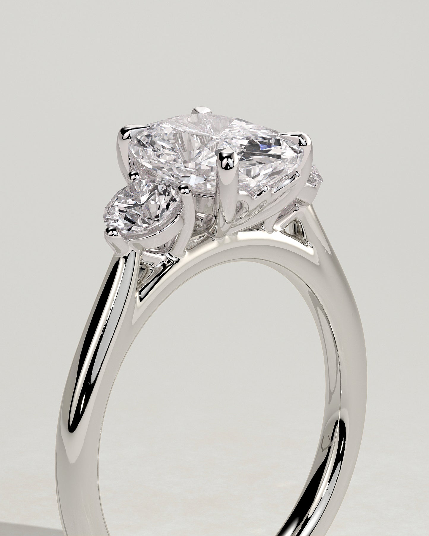 Charmaine - Elongated Cushion Claw Trilogy with Round Side Stones and Lily Detail Engagement Ring - Platinum - White Gold / Platinum 2ct