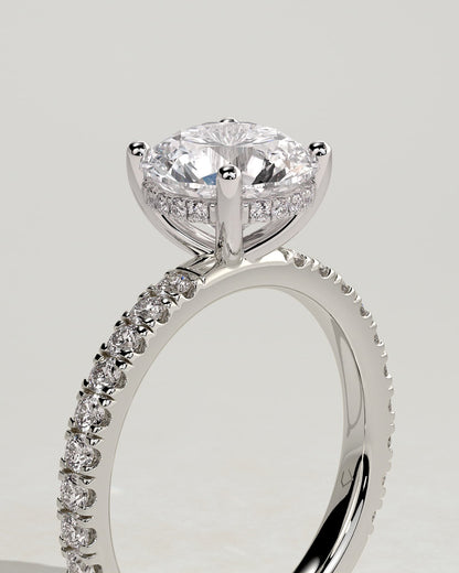 Charlie - Round Claw Solitaire with Hidden Halo and Pave Band Engagement Ring - Platinum