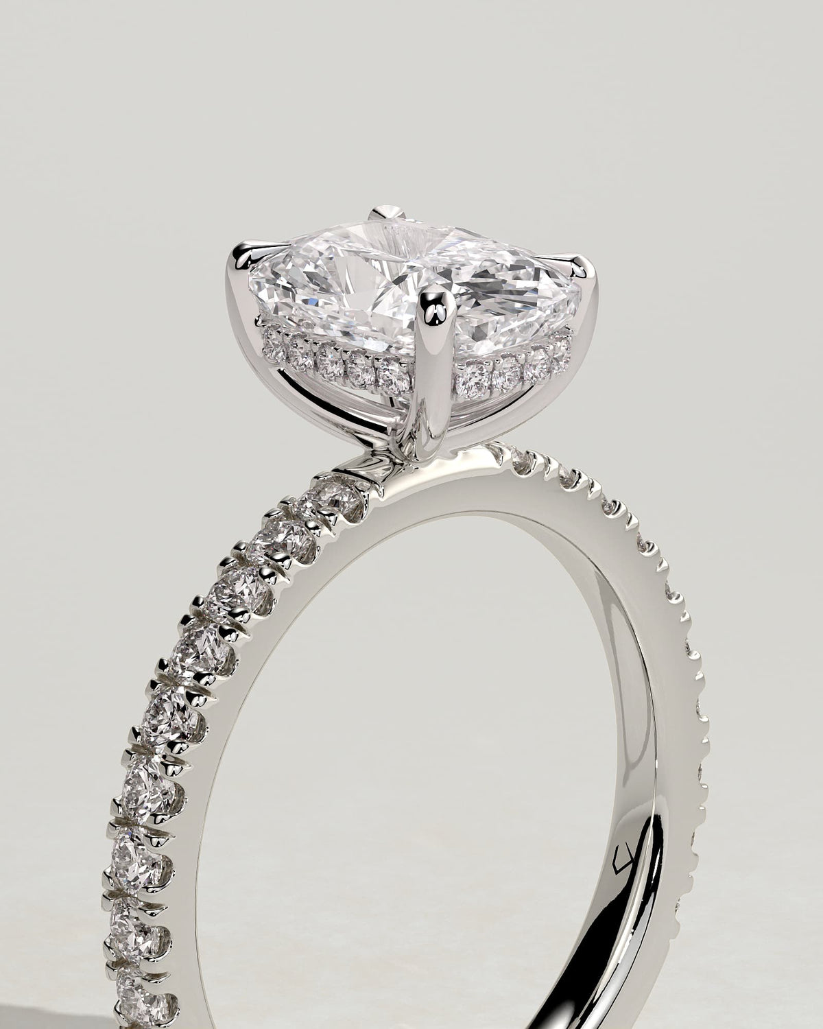 Camilla - Elongated Cushion Claw Solitaire with Hidden Halo and Pave Band Engagement Ring - White Gold