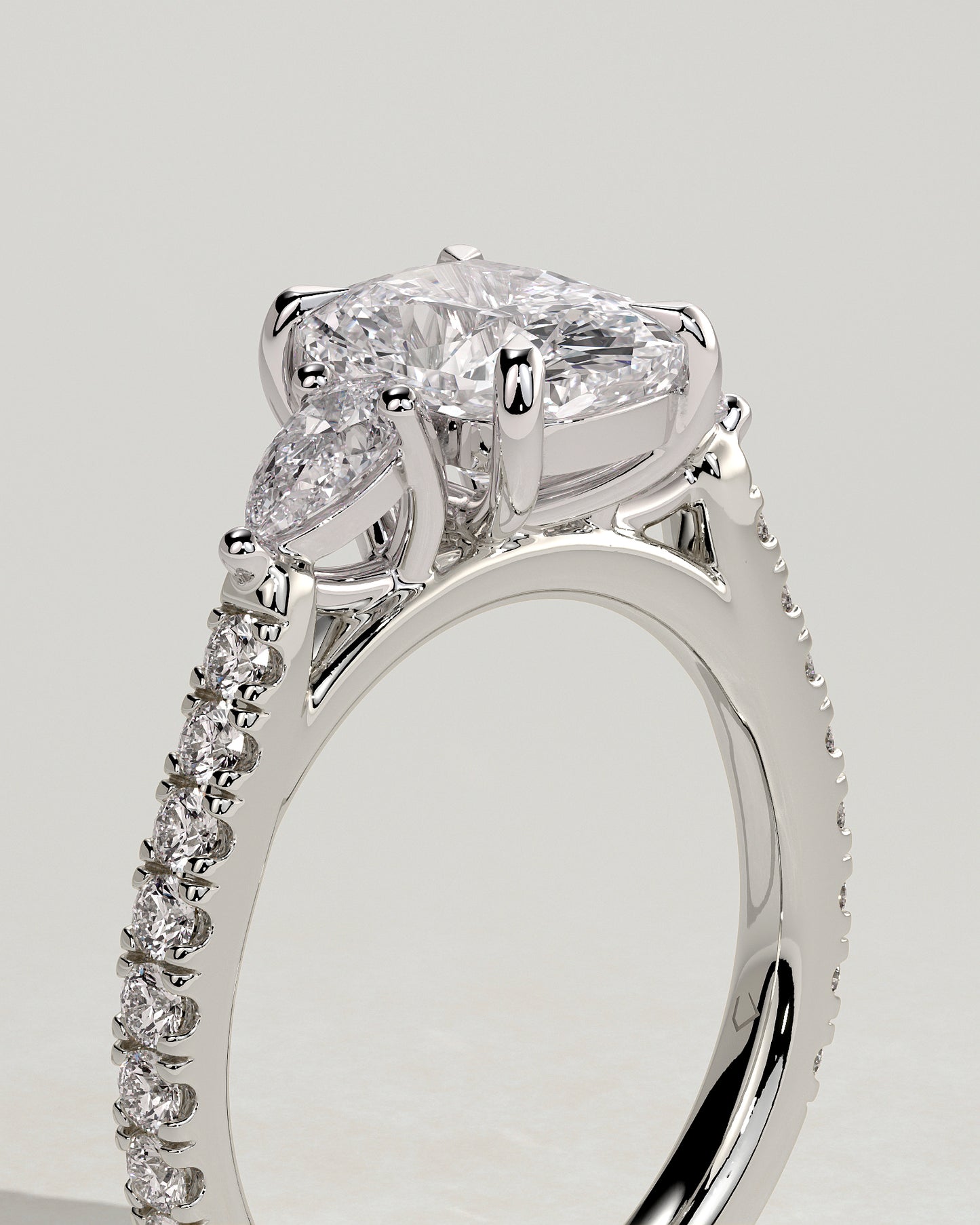 Bree - Elongated Cushion Claw Trilogy with Pear Side Stones and Pave Band Engagement Ring - Platinum - White Gold / Platinum 2ct