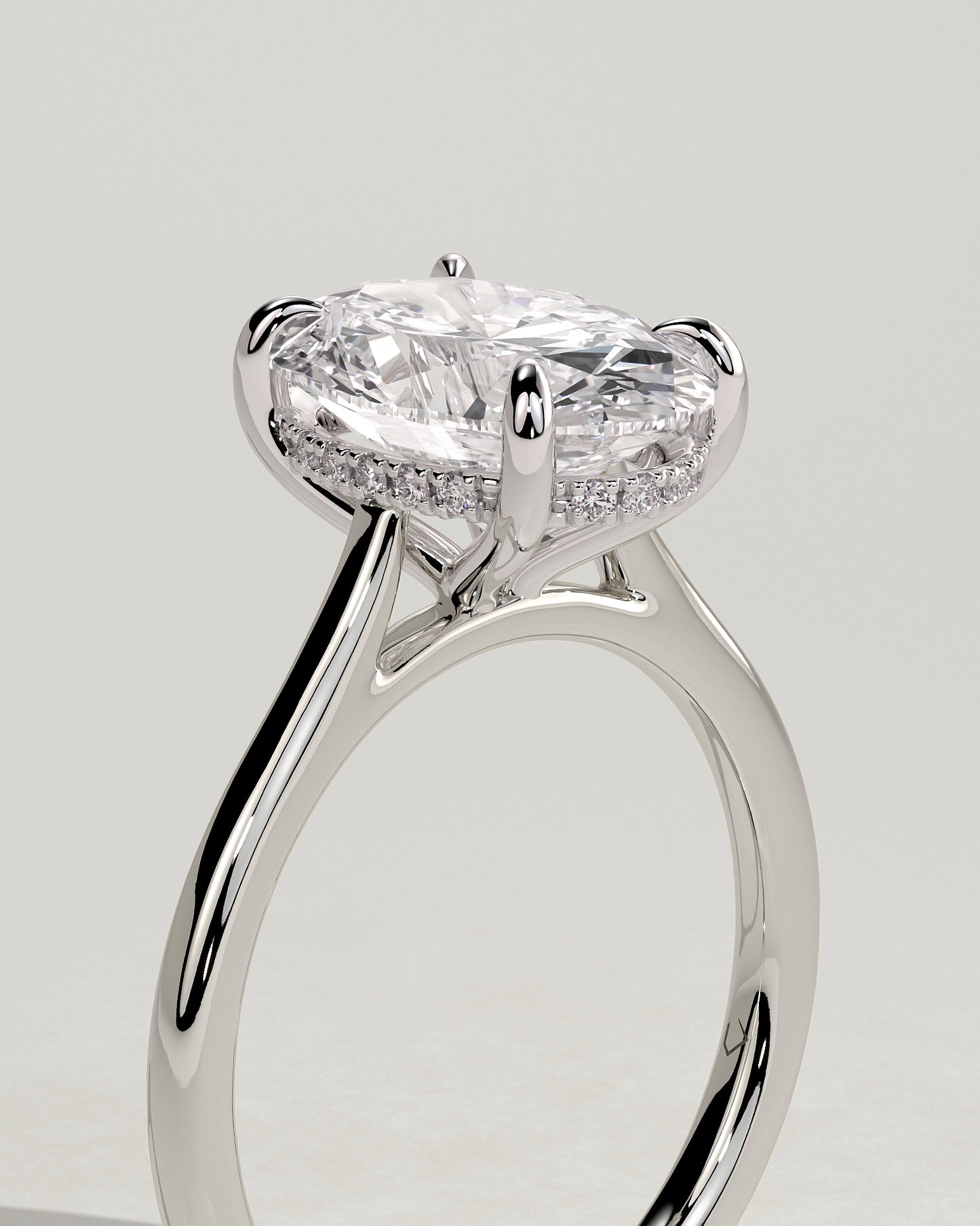 Bethany - Oval Claw Solitaire with Hidden Halo, Tapered Band and Cathedral High Setting Engagement Ring - Platinum - White Gold / Platinum 2ct