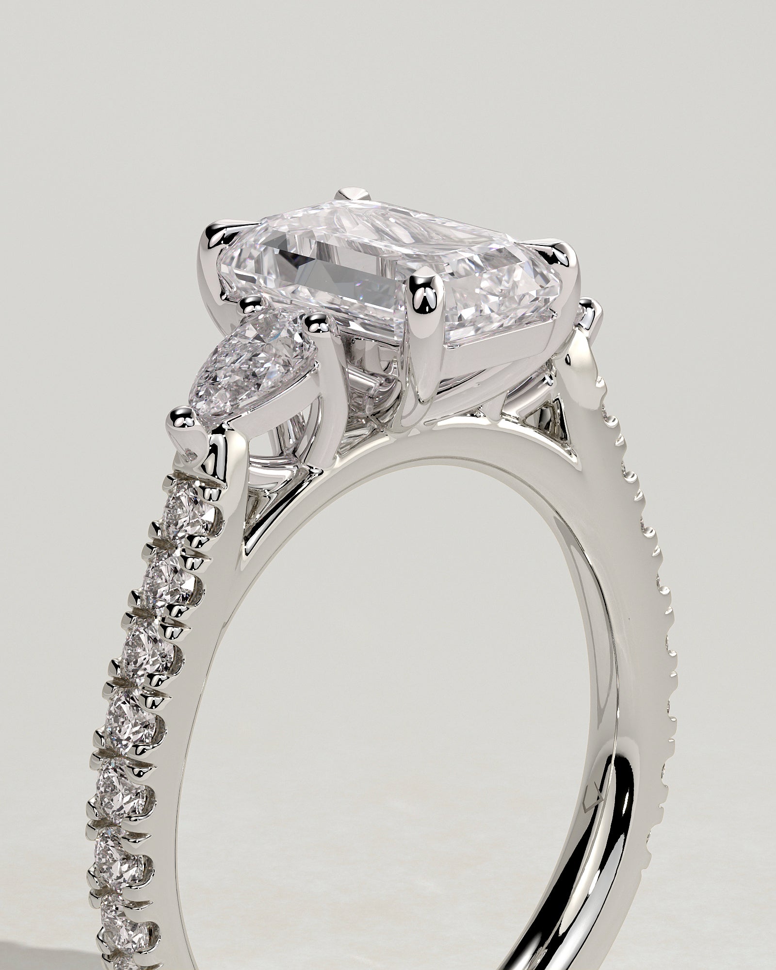 Autumn - Emerald Claw Trilogy with Pear Side Stones and Pave Band Engagement Ring - Platinum - White Gold / Platinum 2ct