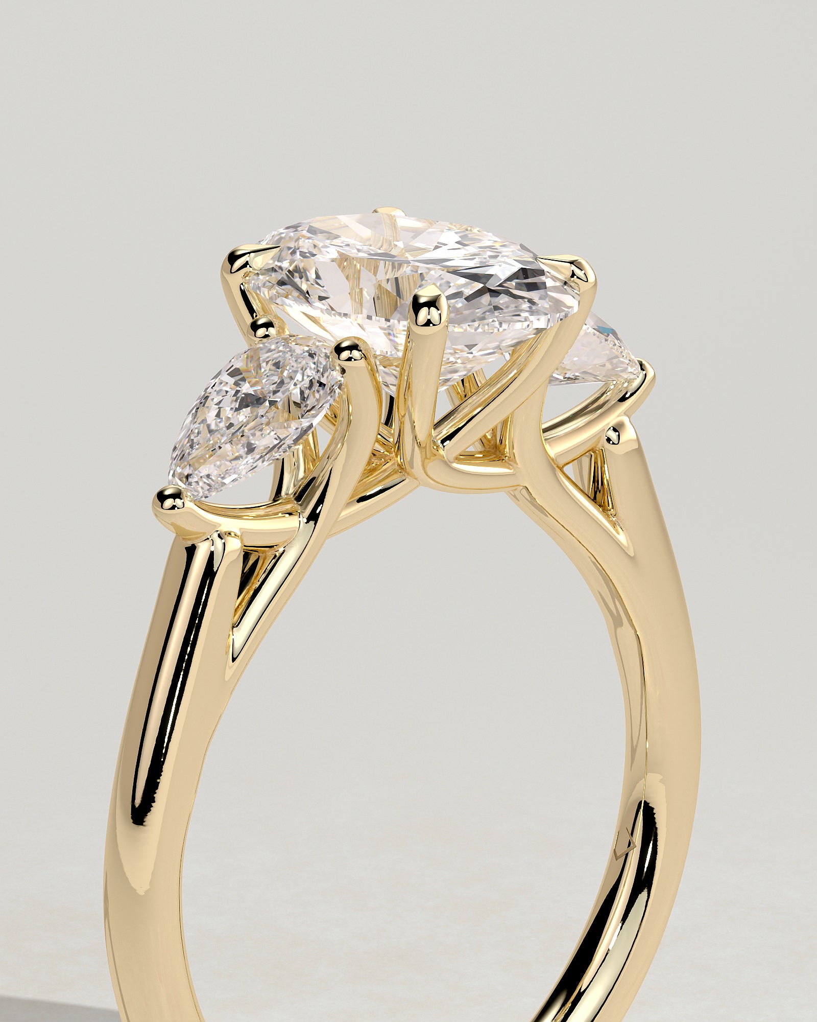 Amara - Oval Claw Trilogy with Pear Side Stones and Open Trellis Gallery Engagement Ring - Yellow Gold - Yellow Gold 2ct