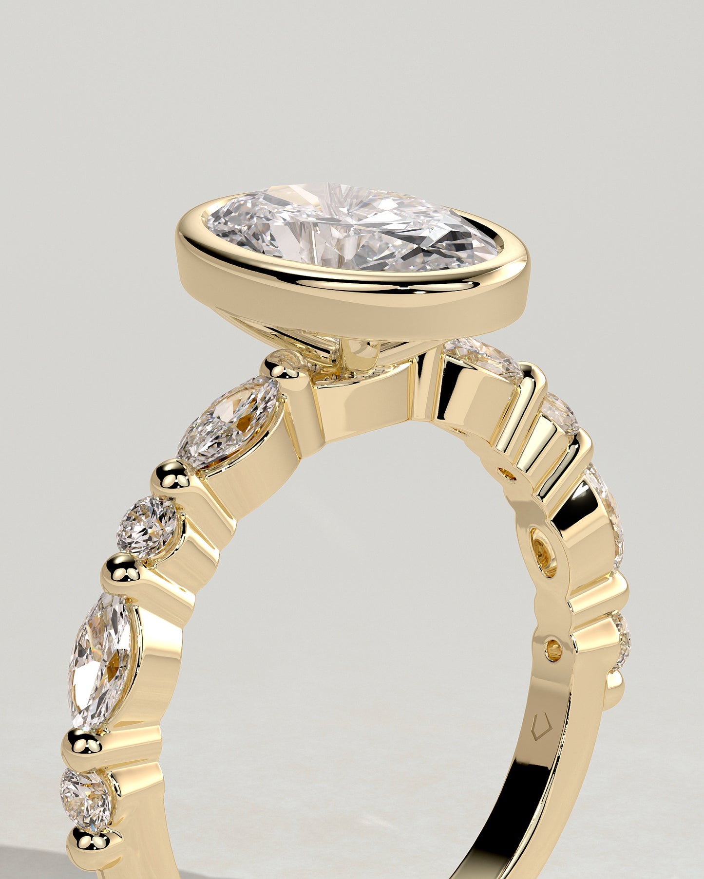Aylin - Oval Bezel Solitaire with Marquise-Round Accent Stones Engagement Ring - Yellow Gold - Yellow Gold 2ct
