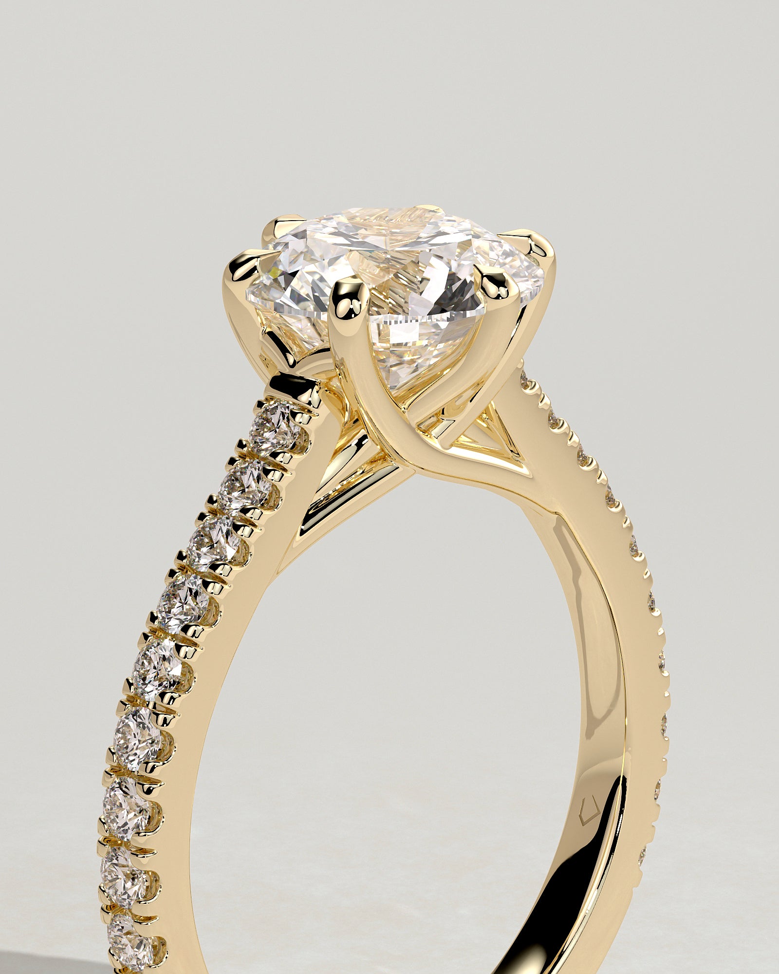 Briar - Round Claw Solitaire with Trellis Gallery, Pave Band and Cathedral Low Setting Engagement Ring - Yellow Gold - Yellow Gold 2ct