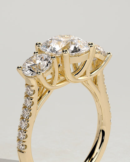 Ella - Round Claw Trilogy with Round Side Stones, Pave Band and Trellis Gallery  Engagement Ring - Yellow Gold