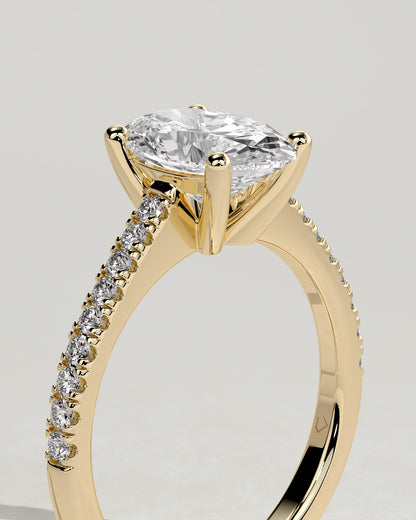 Eloise - Oval Claw Solitaire with Pave Band and Solid Cathedral Low Setting Engagement Ring - Yellow Gold