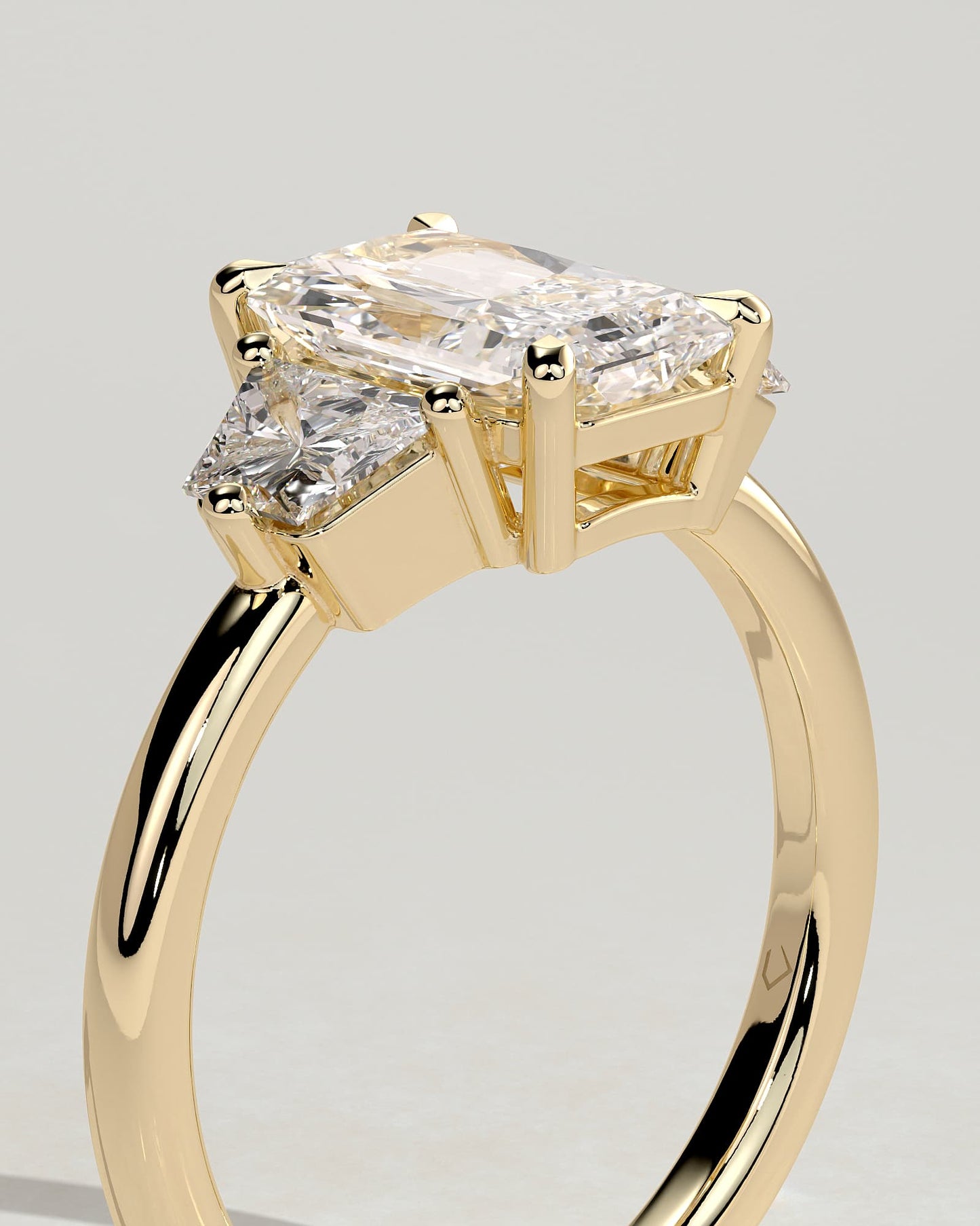 Juliette - Radiant Claw Trilogy with Trapezoid Side Stones and Low Setting Engagement Ring - Yellow Gold