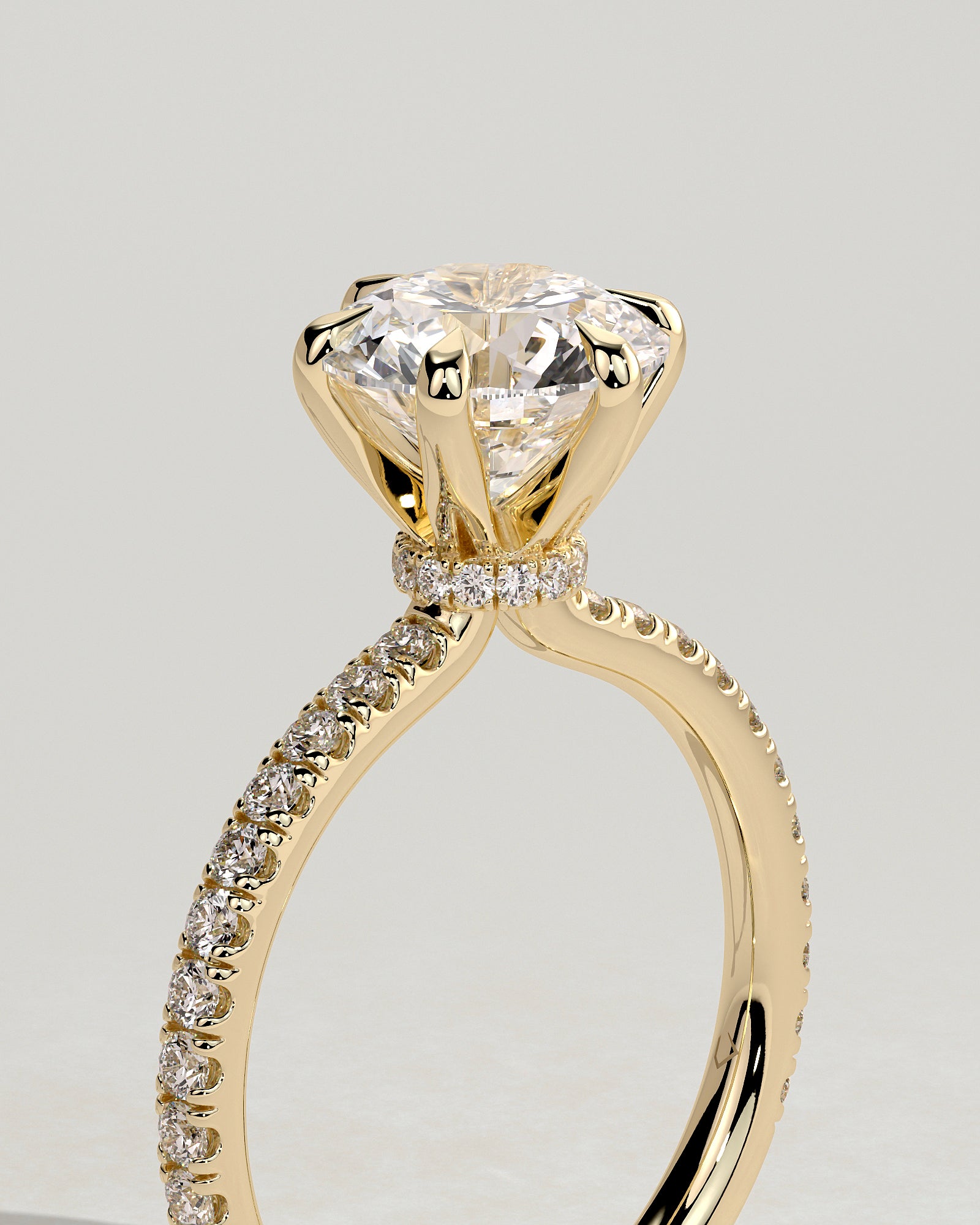 Holly - Round Claw Solitaire with Pave Band and Pave Collar Engagement Ring - Yellow Gold - Yellow Gold 2ct