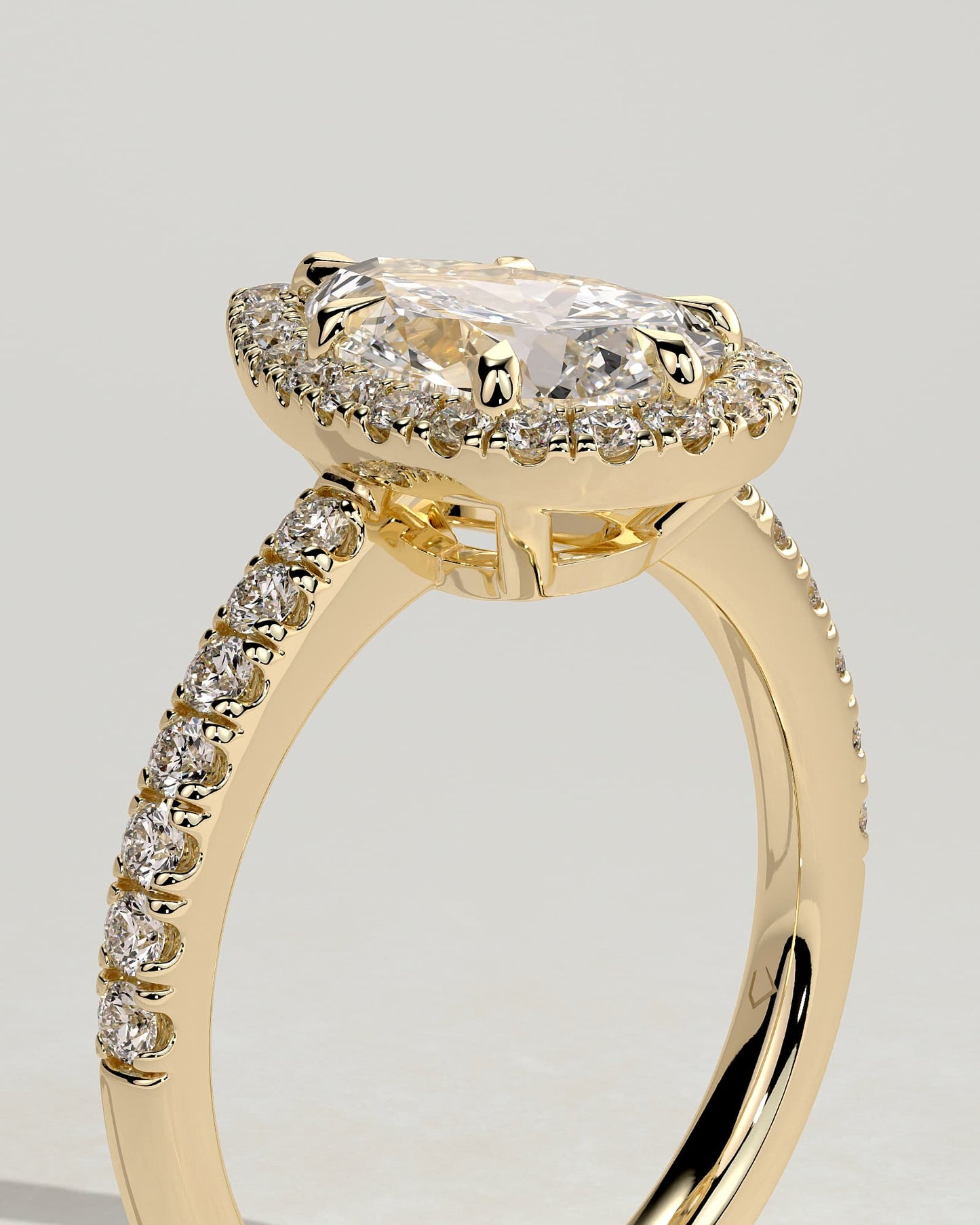 Kirsten - Pear Claw Solitaire with Pave Band and Halo and Low Setting Engagement Ring - Yellow Gold