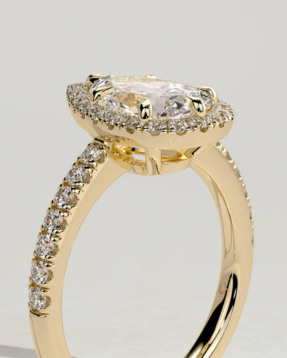 Kirsten - Pear Claw Solitaire with Pave Band and Halo and Low Setting Engagement Ring - Yellow Gold