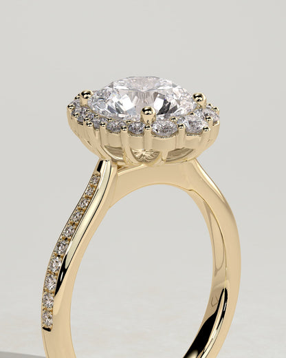 Jessica - Round Claw Solitaire with Graduating Halo and Bead Set Micropave and Tapered Band Engagement Ring - Yellow Gold