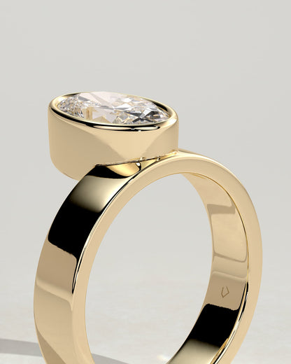 Carmen - Oval Bezel Solitaire with Offset Setting and Flat Cigar Band Engagement Ring - Yellow Gold