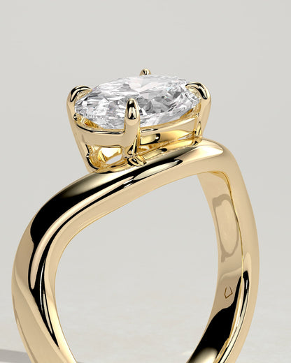 Hayley - Oval East West Claw Solitaire with Wave Band Engagement Ring - Yellow Gold