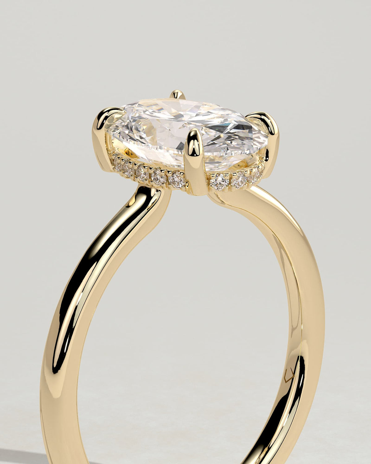 Kiana - Oval Claw Solitaire with Hidden Halo and Floating Cathedral Low Setting Engagement Ring - Yellow Gold