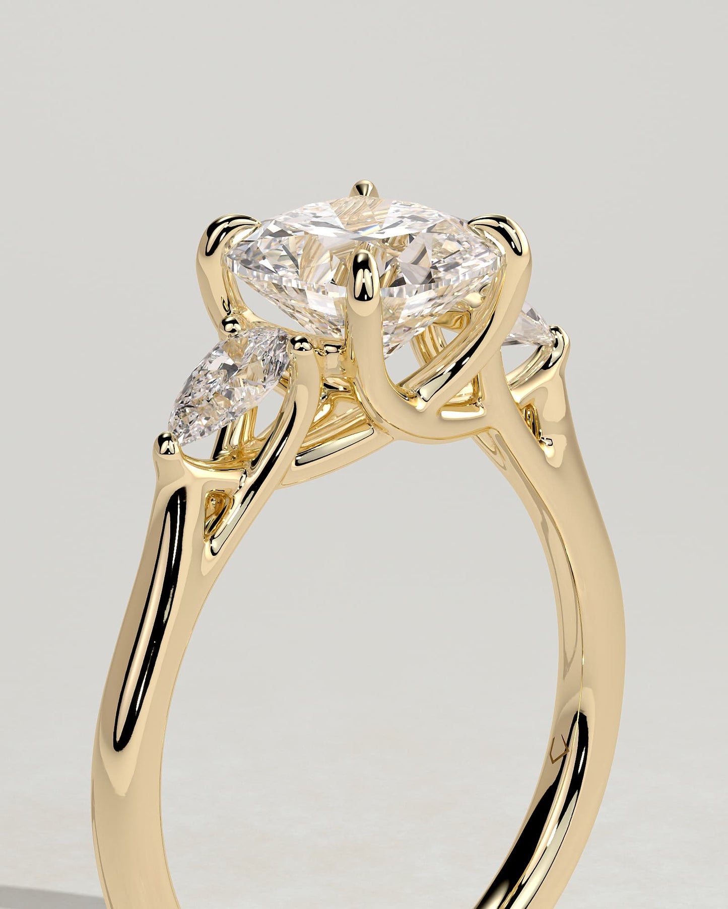 Selena - Cushion Claw Trilogy with Pear Side Stones and Open Trellis Gallery Engagement Ring - Yellow Gold