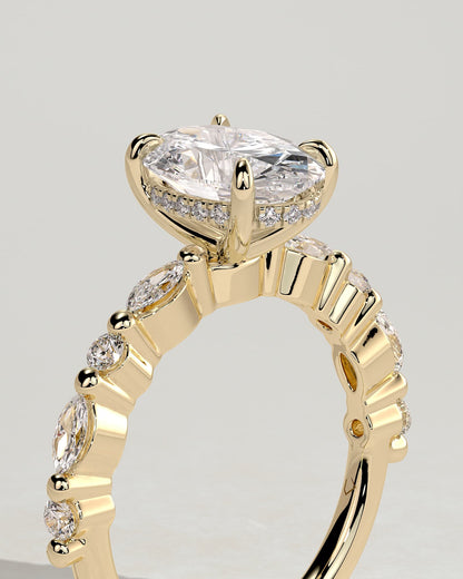 Brandi - Oval Claw Solitaire with Marquise-Round Accent Stones and Hidden Halo Engagement Ring - Yellow Gold