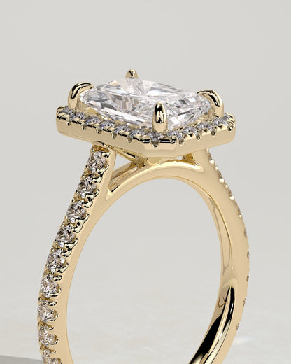 Clementine - Radiant Claw Solitaire with Halo and Pave Band and Cathedral High Setting Engagement Ring - Yellow Gold