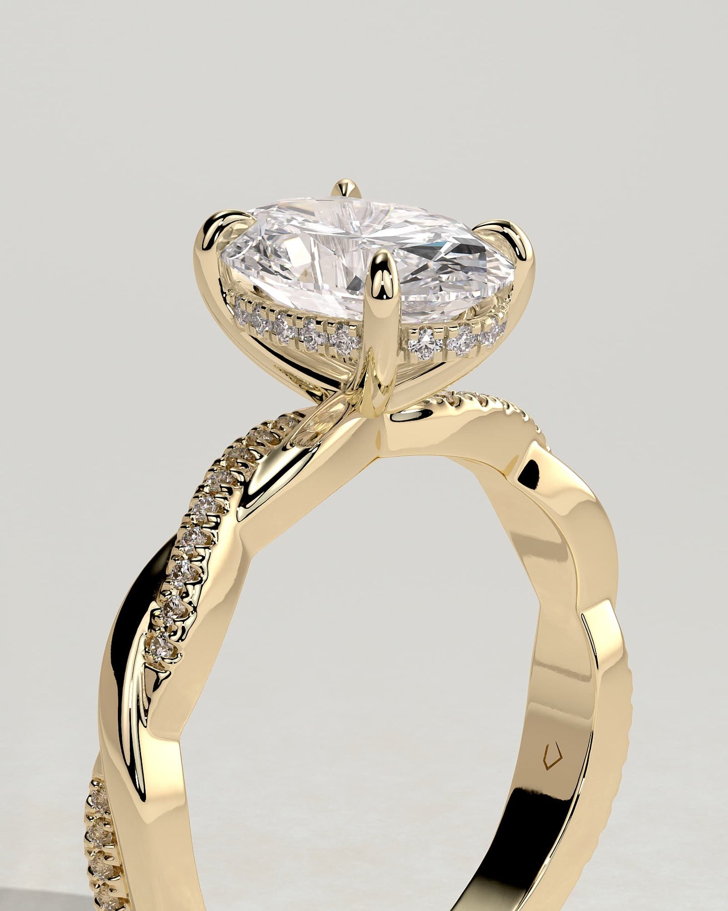 Lara - Oval Claw Solitaire with Hidden Halo and Twisted Alternating Pave Band Engagement Ring - Yellow Gold