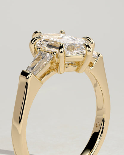 Myrtle - Elongated Hexagon Claw Trilogy with Tapered Baguette Side Stones and Cathedral Setting Engagement Ring - Yellow Gold