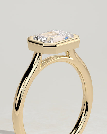 Olive - Statement Emerald East West Bezel Solitaire with Open Cathedral High Setting Engagement Ring - Yellow Gold