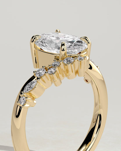 Ezmerelda - Oval Claw Solitaire with Bypass Band and Clustered Round-Marquise Accent Stones Engagement Ring - Yellow Gold
