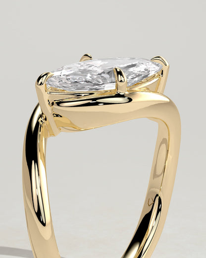 Beverly - Marquise East West Claw Solitaire with Bypass Band  Engagement Ring - Yellow Gold