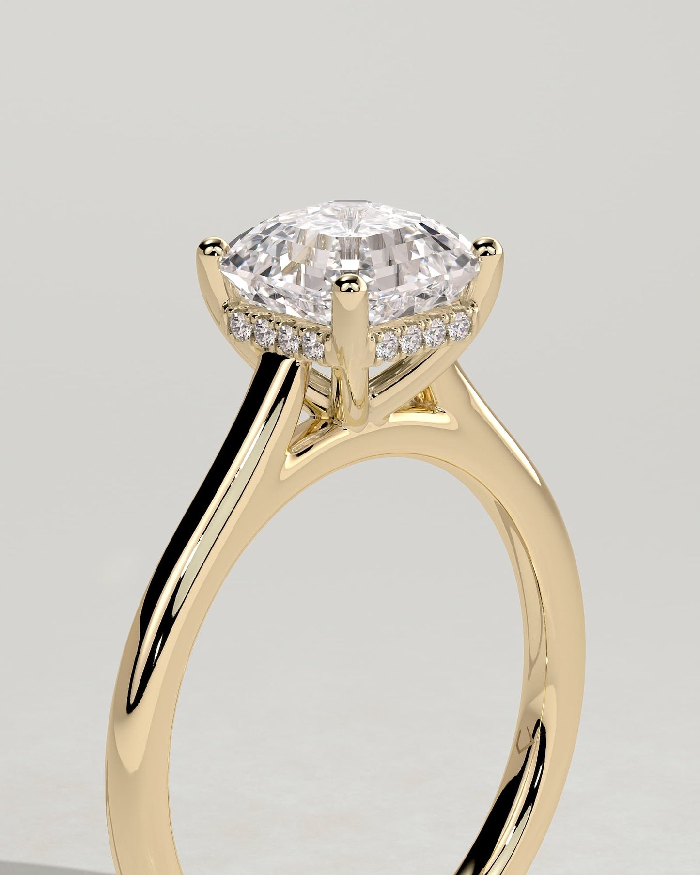 Nia - Asscher Claw Solitaire with Hidden Halo and Cathedral High Setting Engagement Ring - Yellow Gold