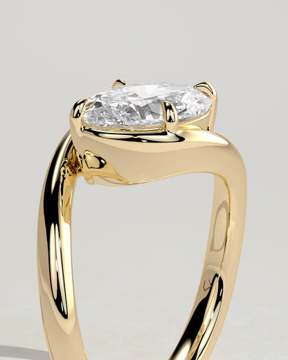 Casey - Oval East West Claw Solitaire with Bypass Band  Engagement Ring - Yellow Gold