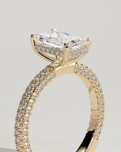 Irene - Radiant Claw Solitaire with Hidden Halo and Triple Pave Band Engagement Ring - Yellow Gold