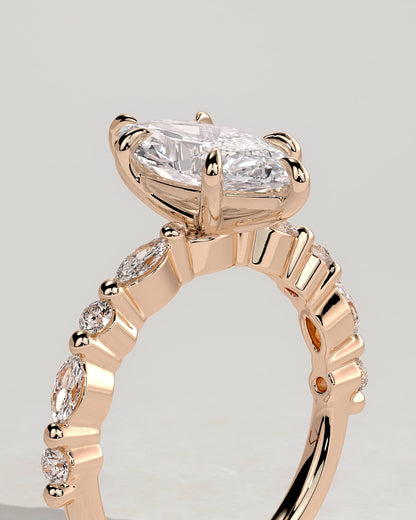 Beatrice - Marquise Claw Solitaire with Marquise and Round Accent Stones Engagement Ring - Rose Gold