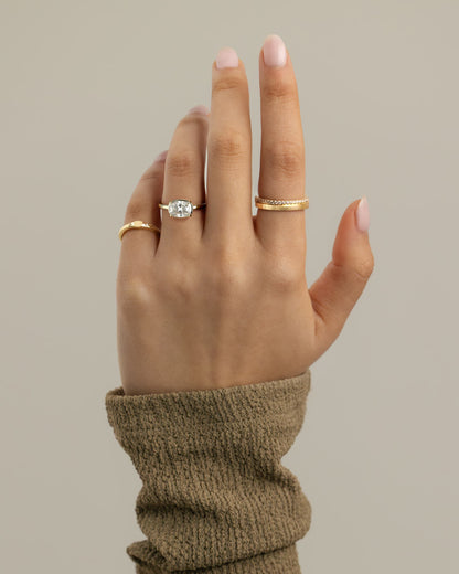 Daya - Elongated Cushion East West Claw Solitaire with Bezel Frame Engagement Ring - Yellow Gold