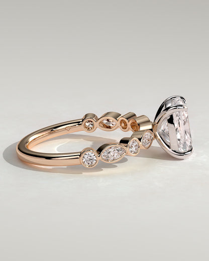 Carrie - Elongated Cushion Claw Solitaire with Round-Marquise Bezel Accent Stones Engagement Ring - Rose Two-Tone
