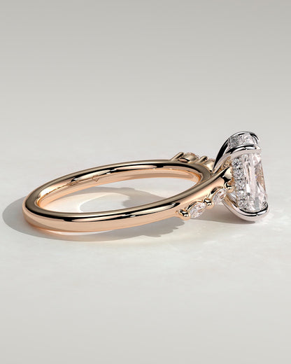 Elle - Elongated Cushion Claw Solitaire with Hidden Halo, Opposing Marquise Accents and Cathedral High Setting Engagement Ring - Rose Two-Tone