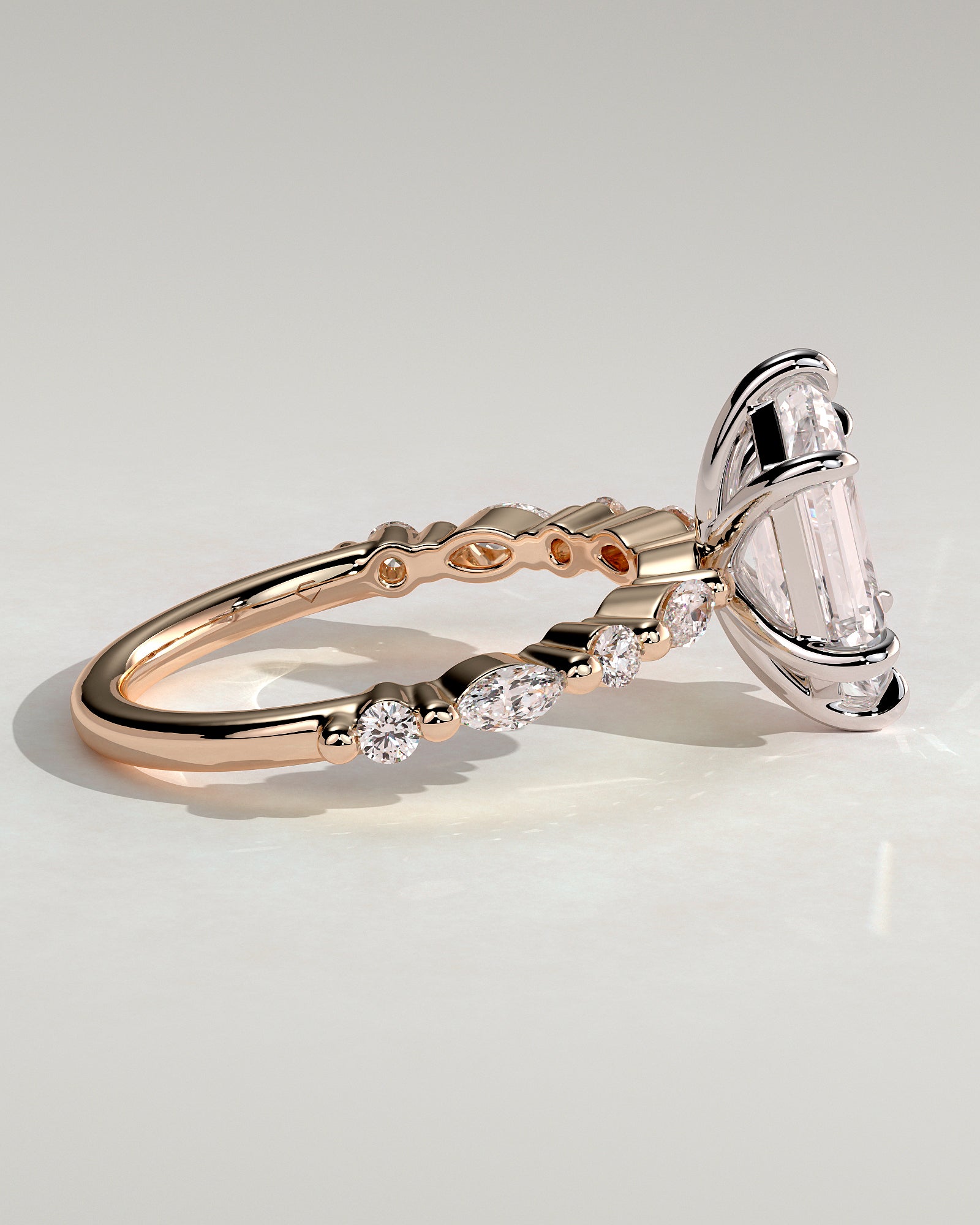 Agnes - Elongated Hexagon Claw Solitaire with Marquise and Round Accent Stones Engagement Ring - Rose Two-Tone - Rose Two-Tone 2ct